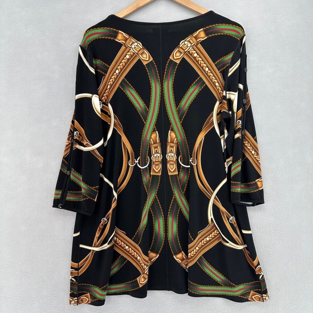 Eva Varro Equestrian Tunic Top Black Equestrian Belt Buckle Print 3/4 Sleeve USA - Picture 2 of 8